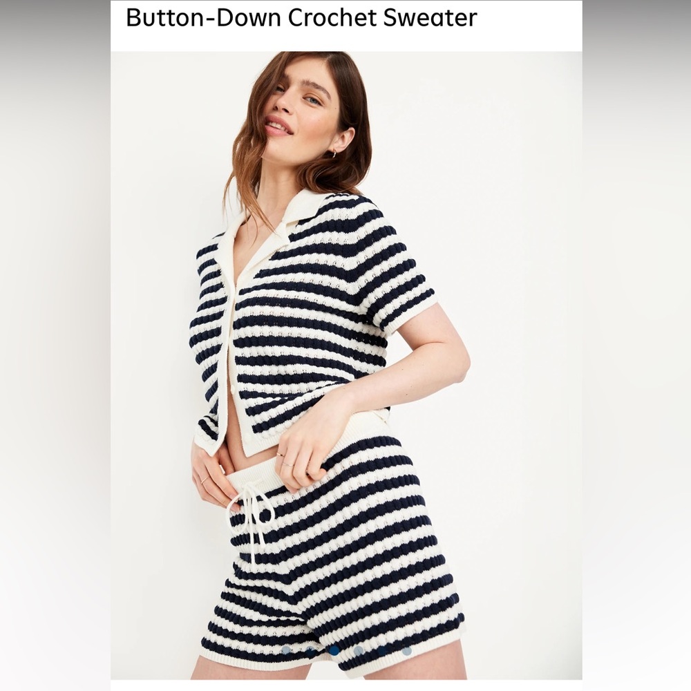 Old Navy Crochet Knit Sweater Short Sleeve Blue Striped Coastal NWT